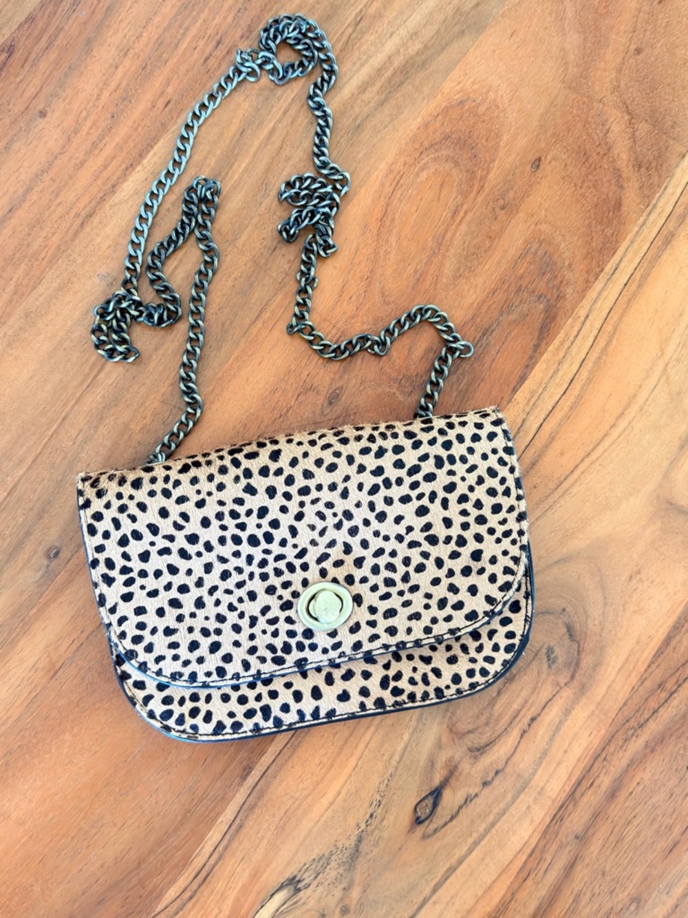 Anthropologie Leopard Print Crossbody in Tan and Black with Chain Strap